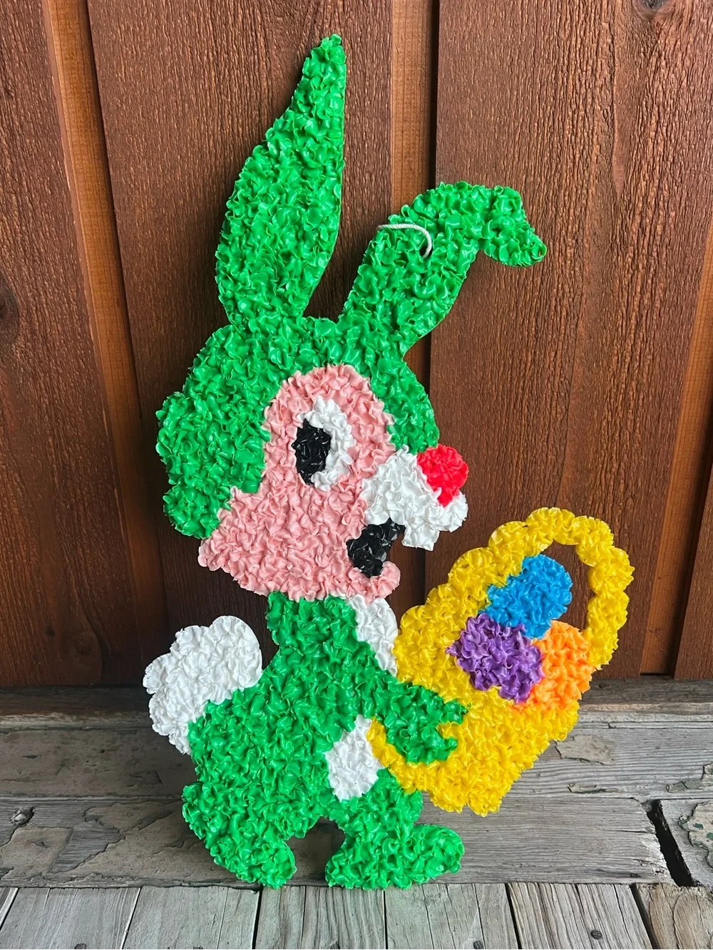 Vintage Melted Plastic Popcorn Easter Bunny Basket Eggs Wall Decor Retro